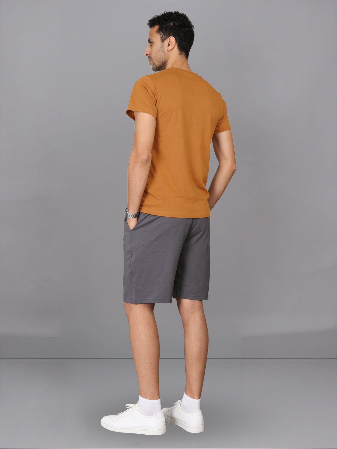 Men Mustard Crew neck T-Shirt with Grey Shorts Combo ES5