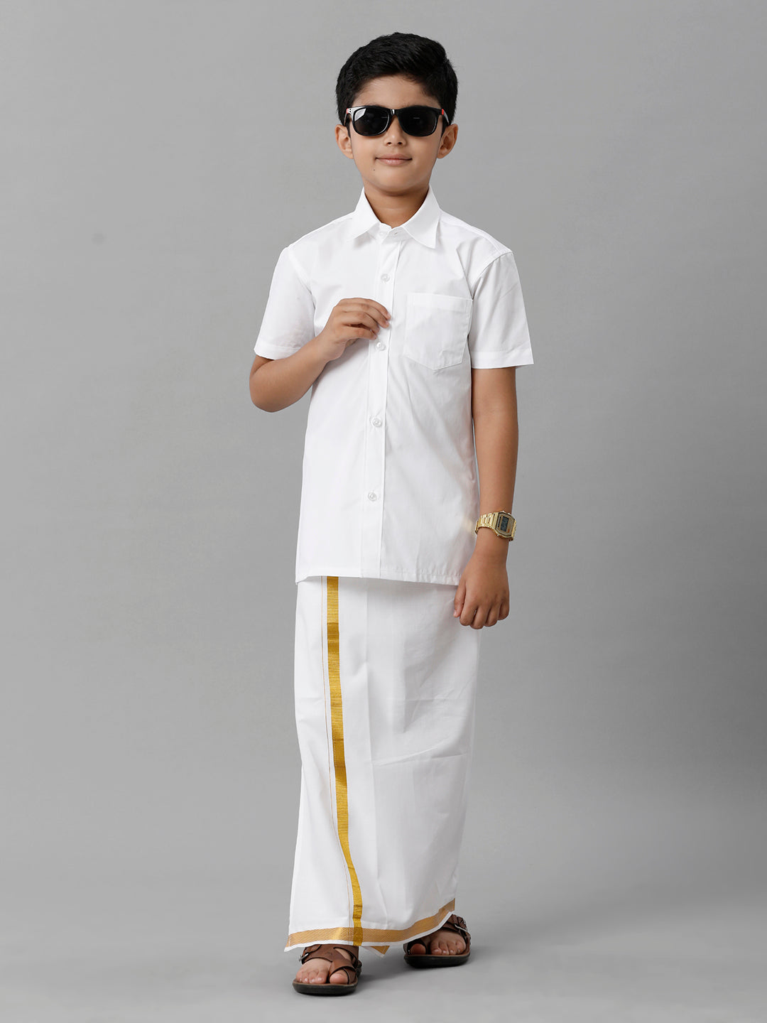 Boys Cotton Shirt with Dhoti Set White Half