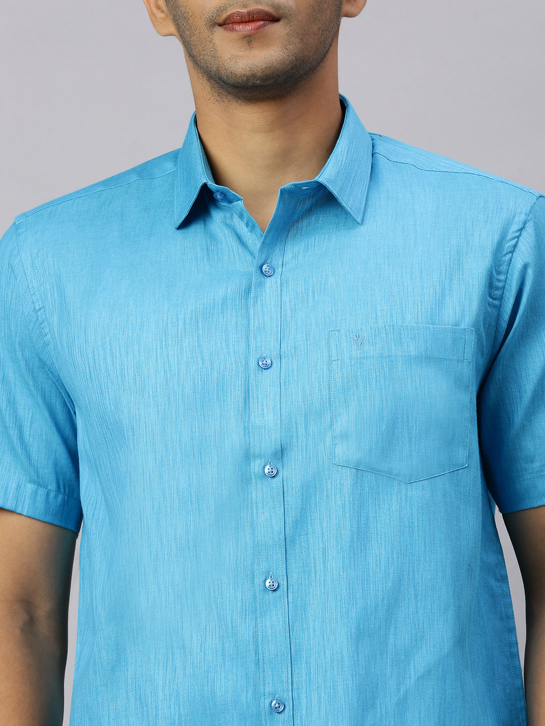 Men Eastern Blue Matching Border Dhoti & Half Sleeves Shirt Set CV5