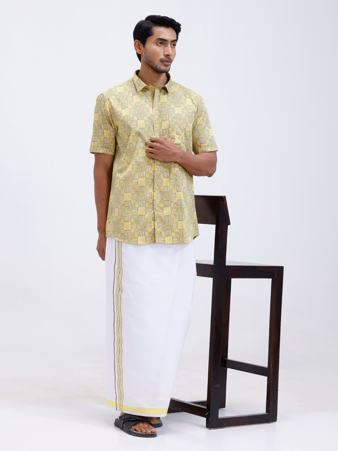 Men Golden Yellow Matching Border Dhoti With Printed Shirt Set Fusion PS14