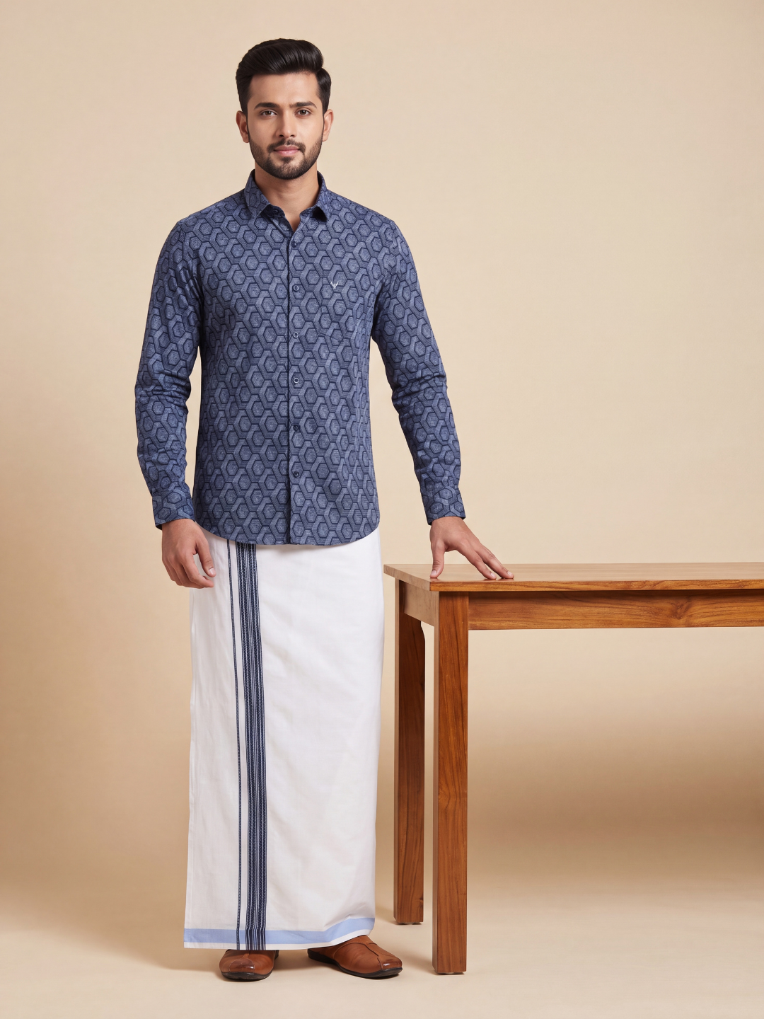 Men Navy Blue Matching Border Dhoti With Printed Shirt Set Fusion PS25
