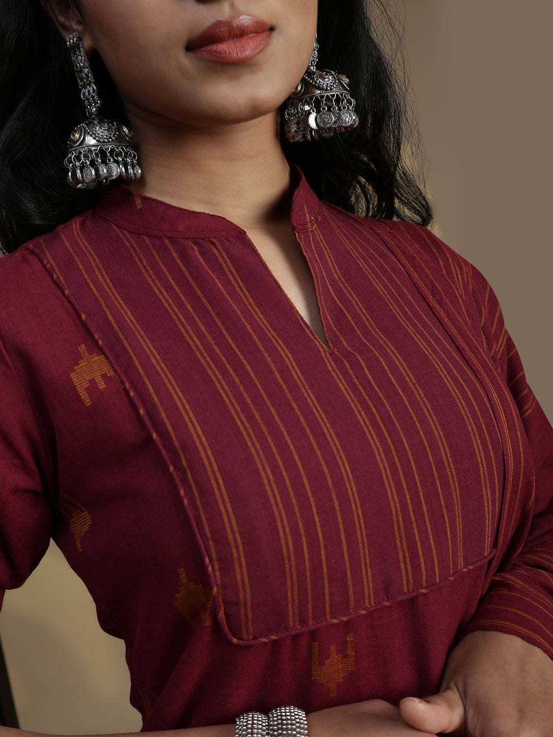 Women Cotton Maroon Stripes Design Kurti Set EKS95