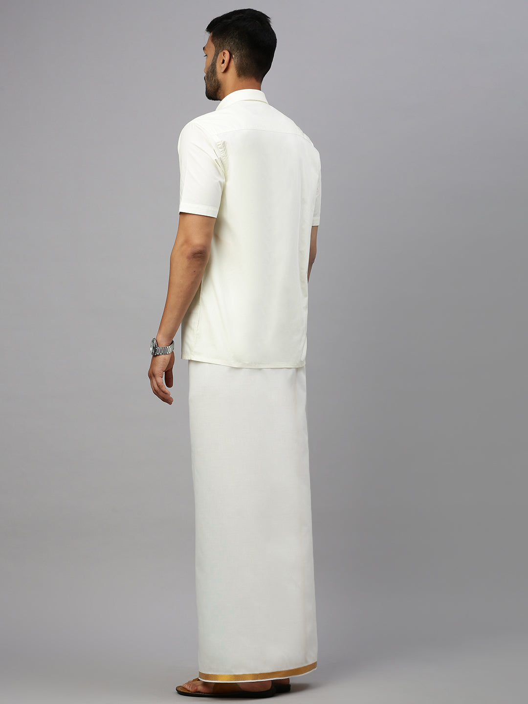 Mens Double Dhoti Cream with Gold Jari Border 3/4" Gold Leaf