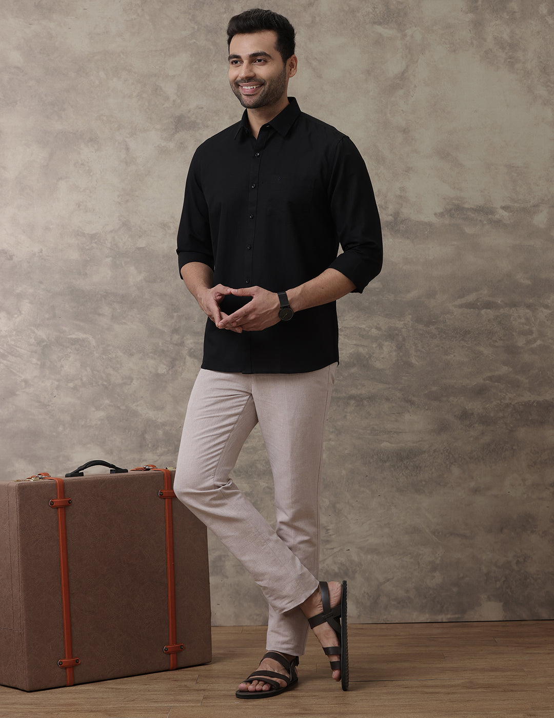 Men Pure Linen Black Shirt L60
