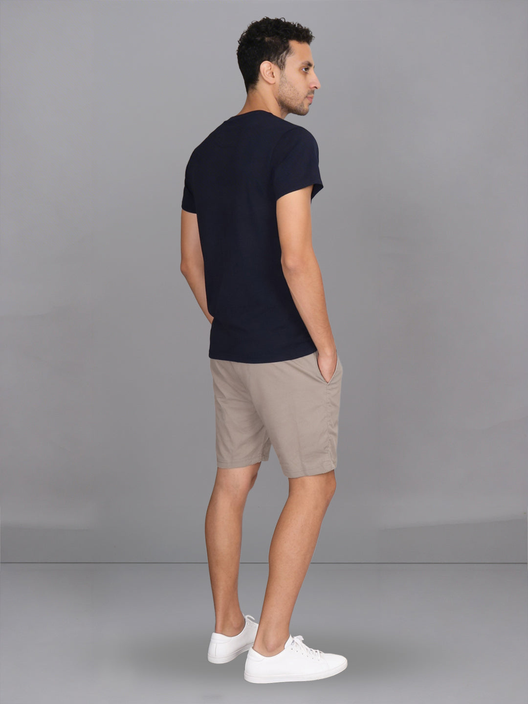 Men Navy Crew neck T-Shirt with Beige Shorts Combo ES6