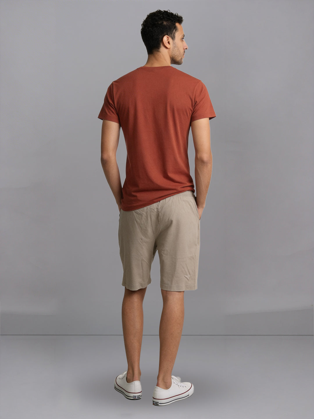 Men Orange Crew neck T-Shirt with Beige Shorts Combo ES6