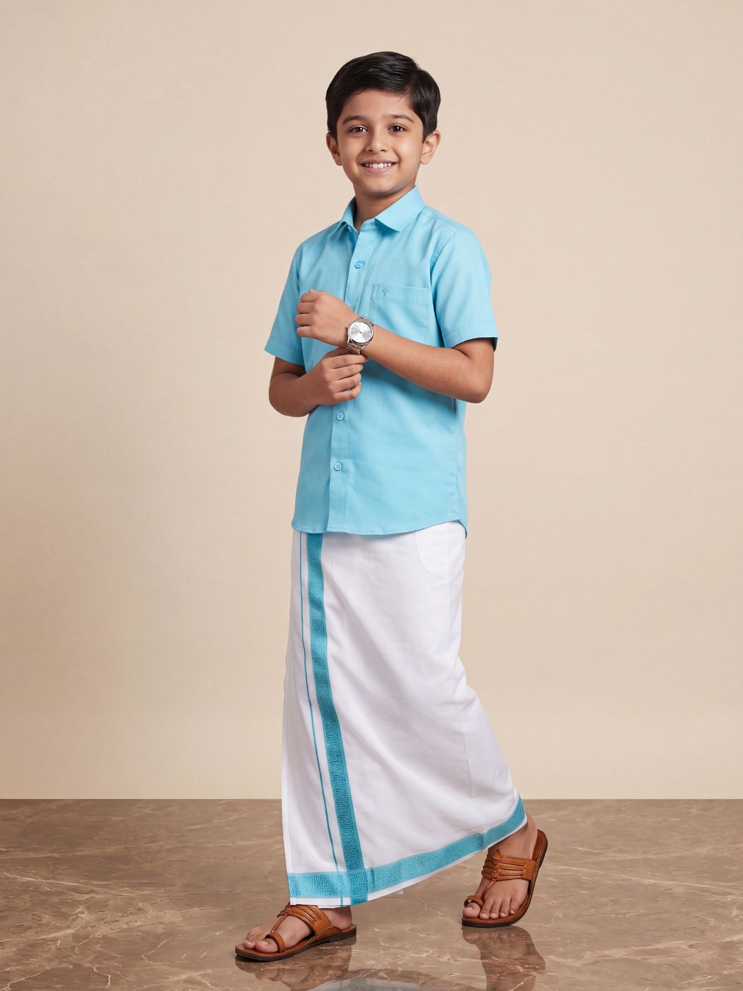 Boys 100% Cotton Sky Blue Shirt and Fancy Border Dhoti Set BT5