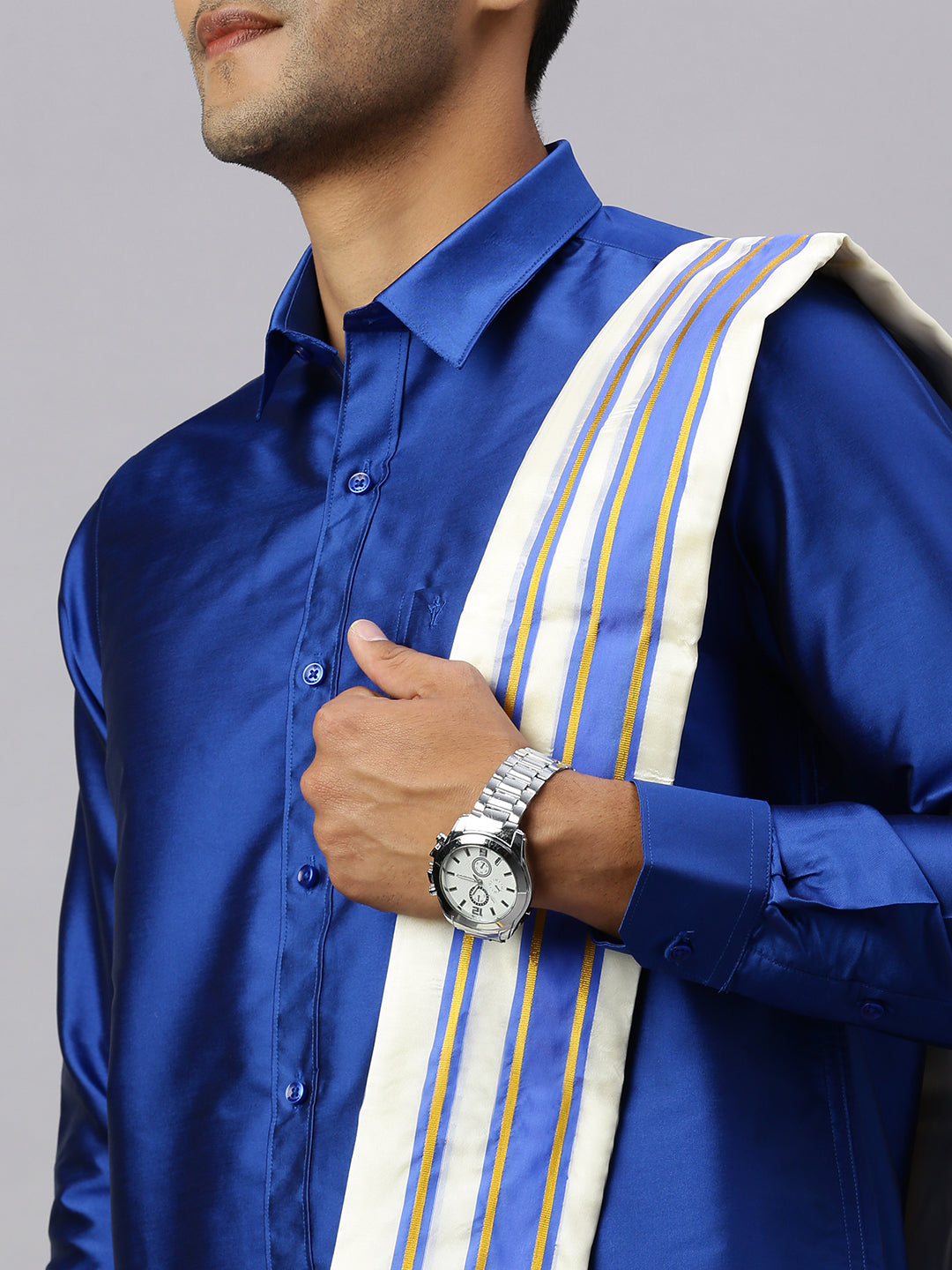 Men Full Sleeves Poster Blue Shirt with Matching Border Cream Dhoti & Towel Set K5