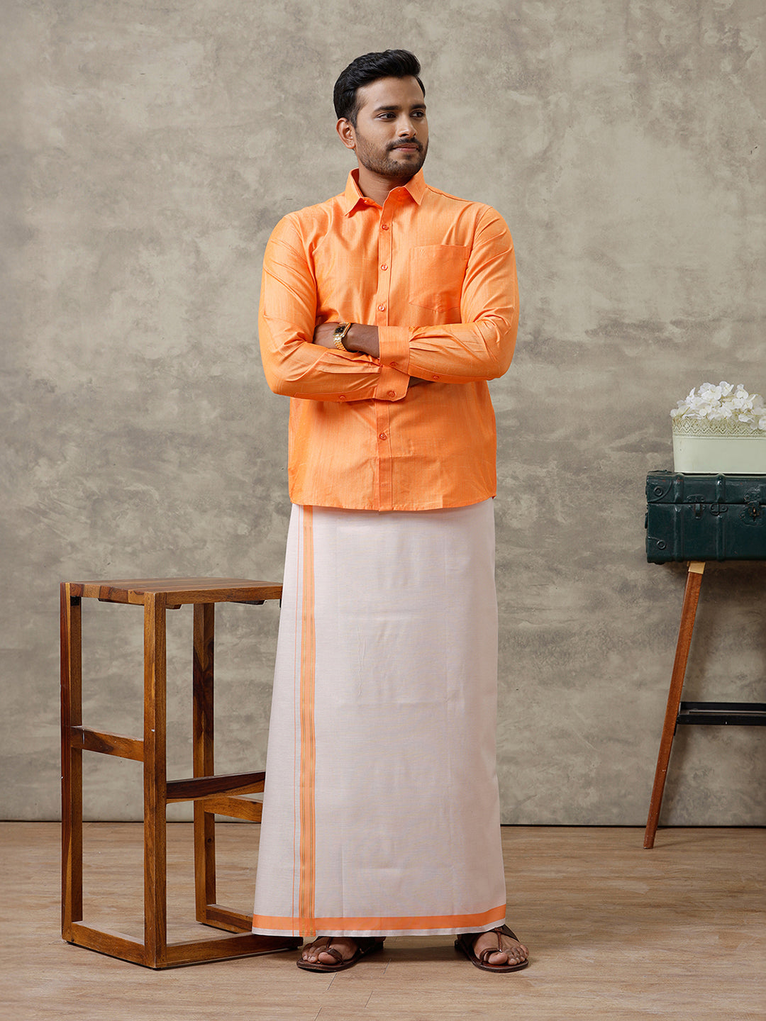 Men Cotton Blend Orange Shirt and Tissue Dhoti Set VB4
