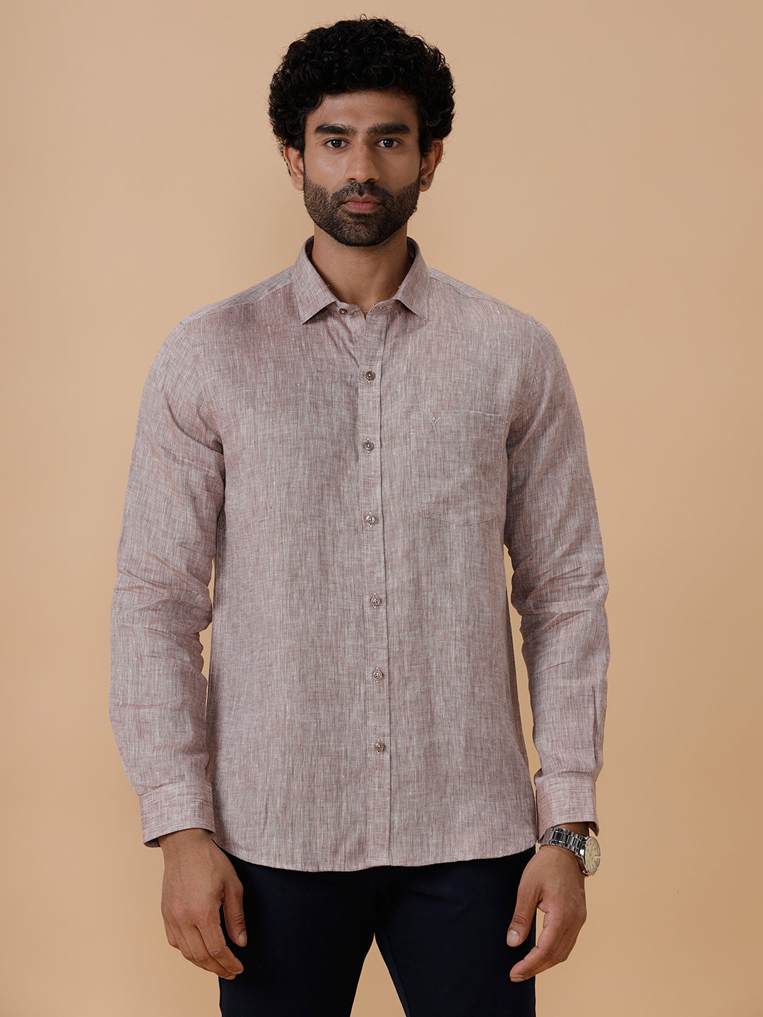 Men Pure Linen Woody Brown Shirt L49