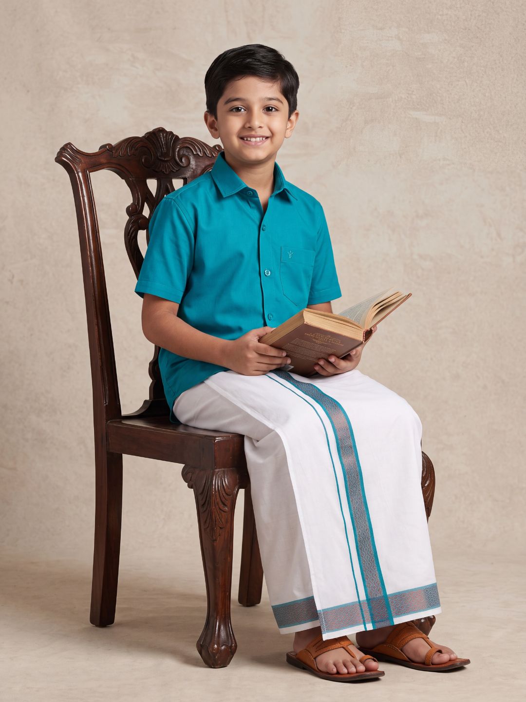 Boys 100% Cotton Jungle Green Shirt and Fancy Border Dhoti Set BT11