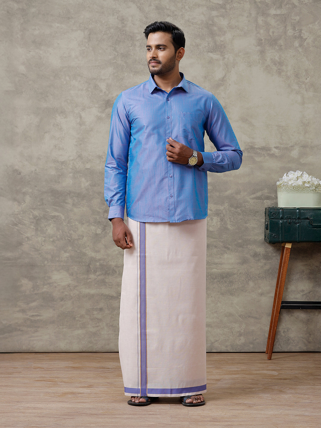 Men Cotton Blend Royal Blue Shirt and Tissue Dhoti Set VB5