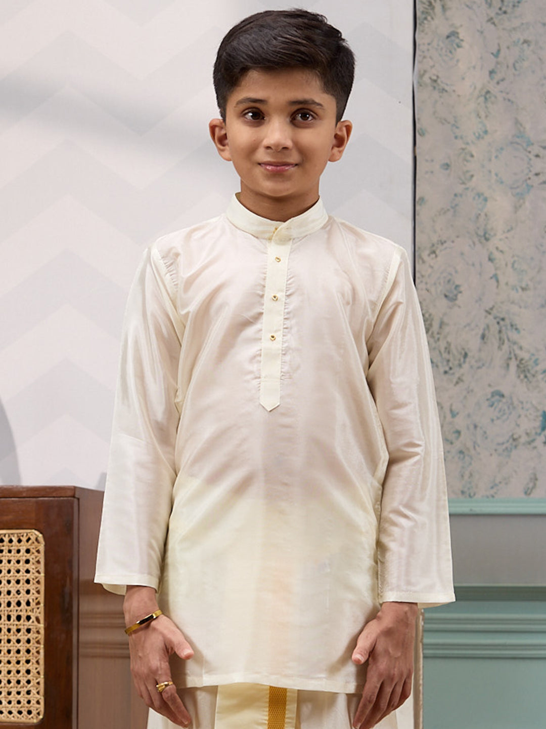 Boys Art Silk Cream Kurta Panchakacham & Towel Set