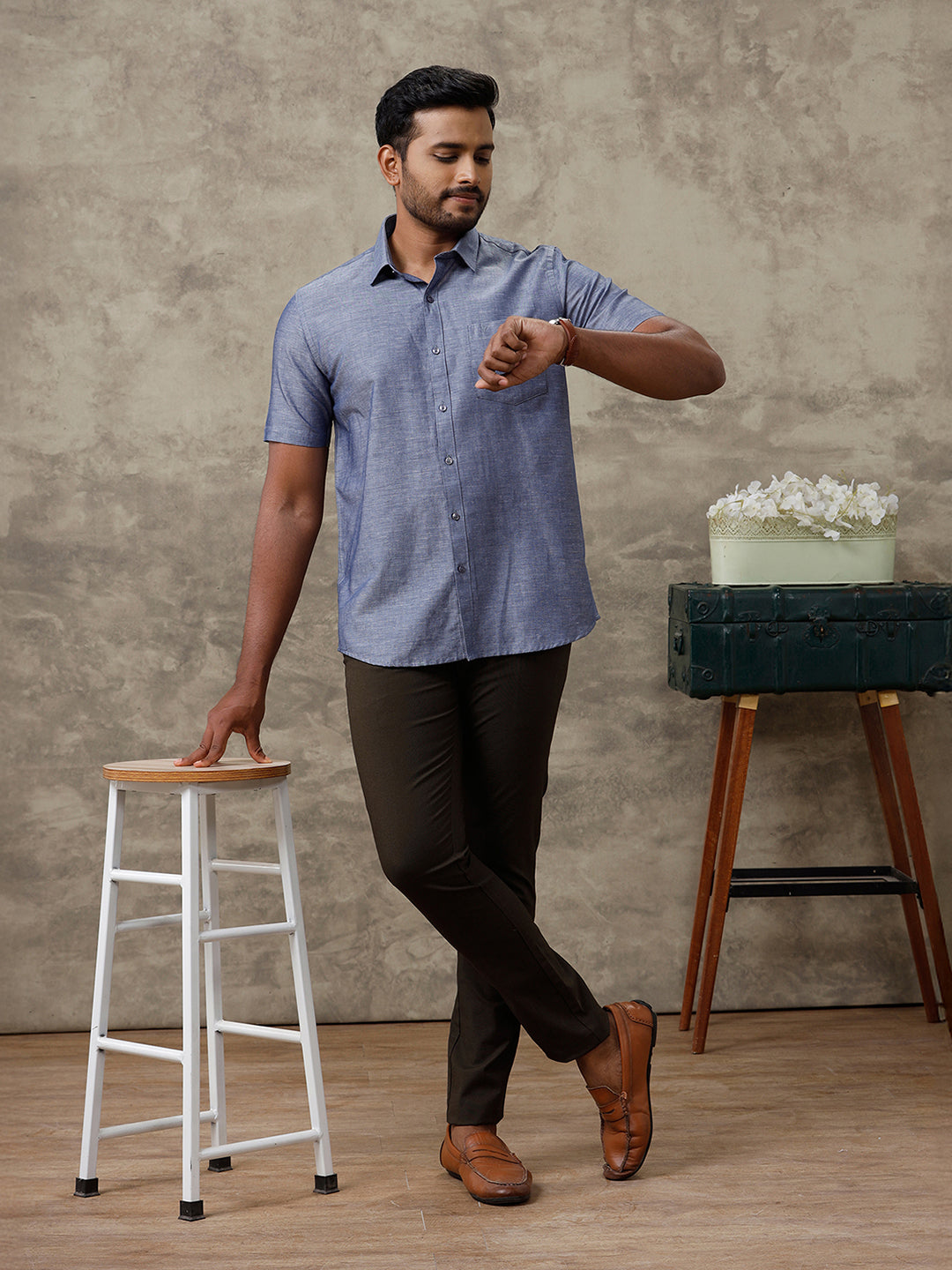 Men Linen Cotton Shirt Grey Blue LF6