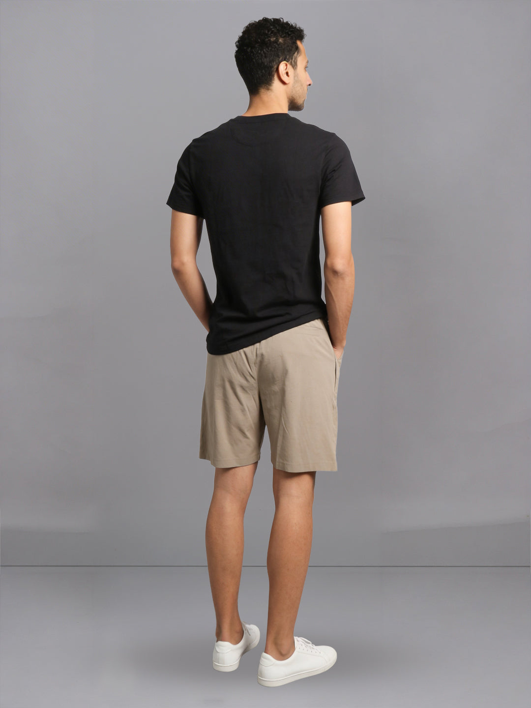 Men Black Crew neck T-Shirt with Beige Shorts Combo ES6