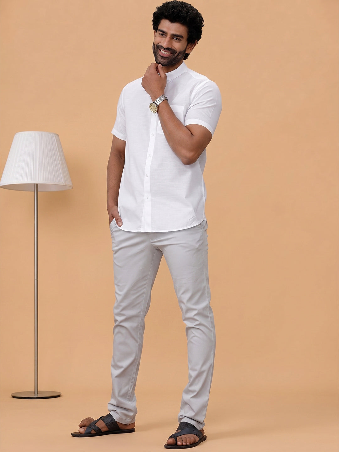 Slub Texture Chinese Collar White Shirt - Craft