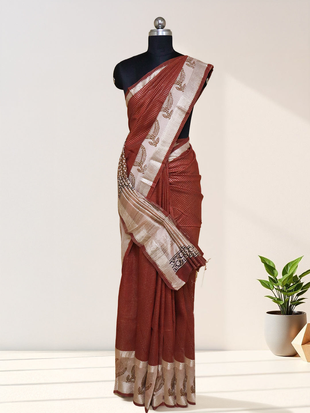 Women Maroon Semi Chanderi Cotton Printed Saree SC78