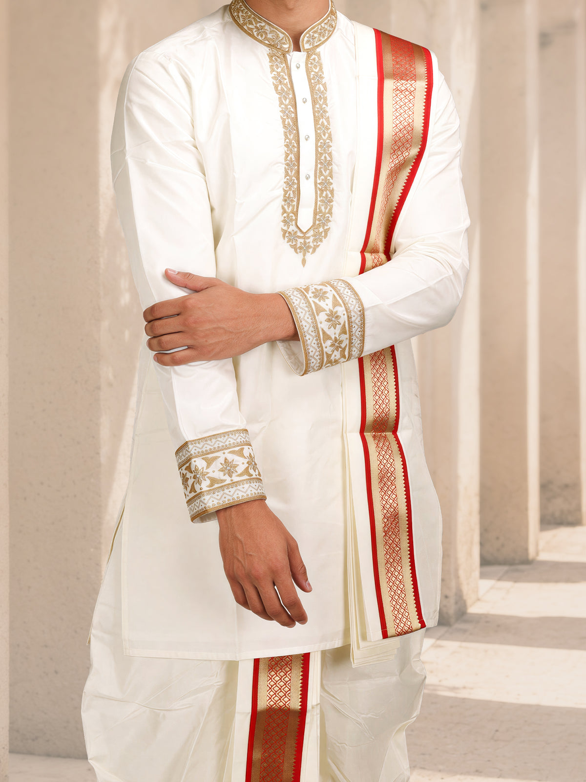 LAGNAA Premium Pure Silk Hand Embroidered Butterfly Motif Kurta, Panchakacham & Angavastram set with Banaras Red Border | Rathna Varman