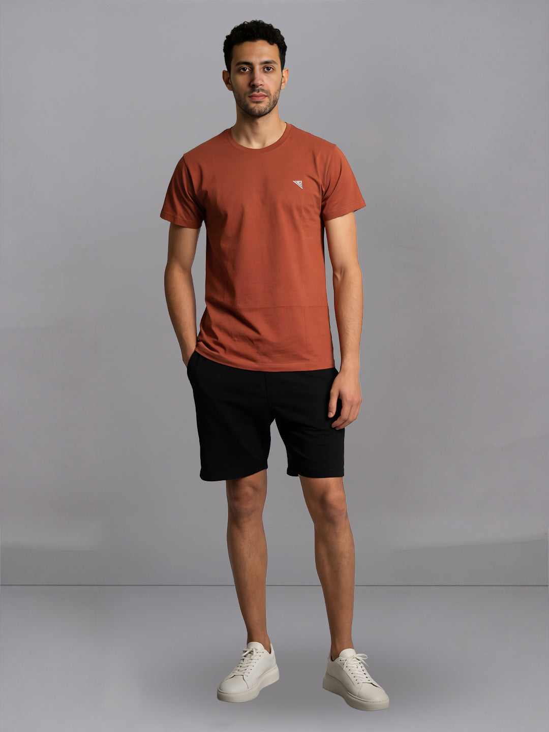 Men Orange Crew neck T-Shirt with Black Shorts Combo ES1