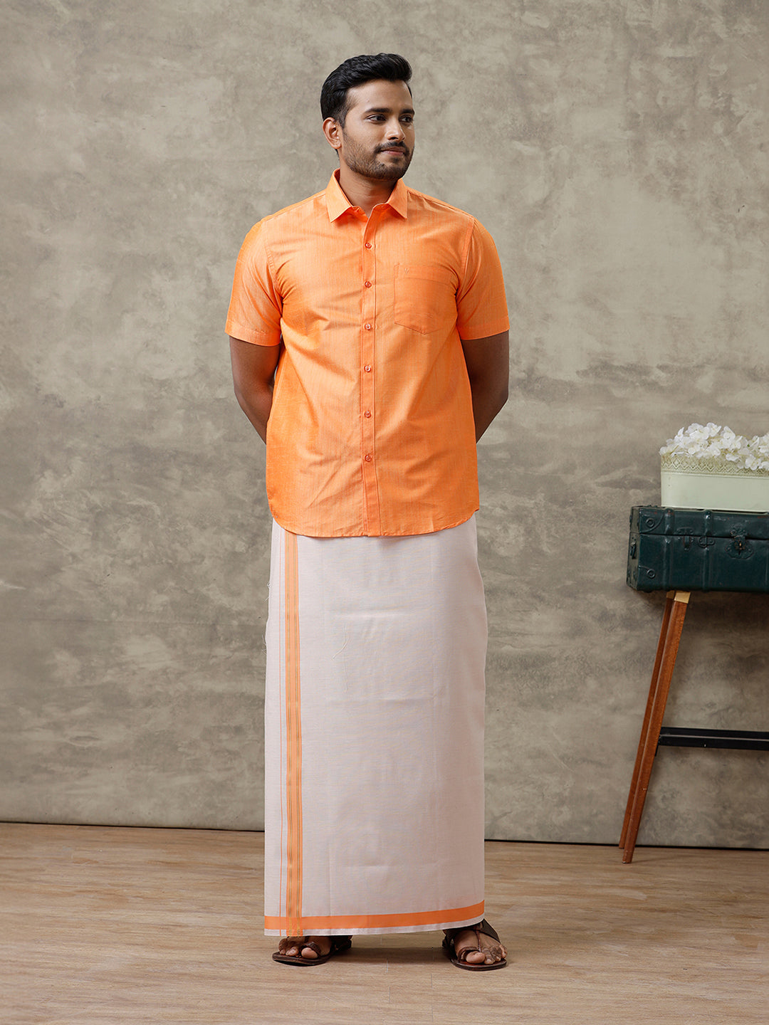 Men Cotton Blend Orange Shirt and Tissue Dhoti Set VB4