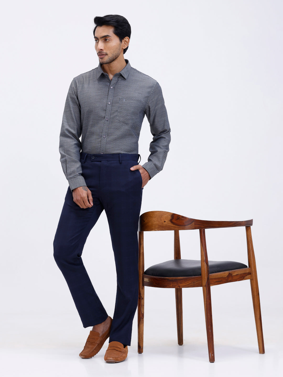 Men Cotton Rich Full Sleeve Shirt Grey Black Dobby T59 AIT5