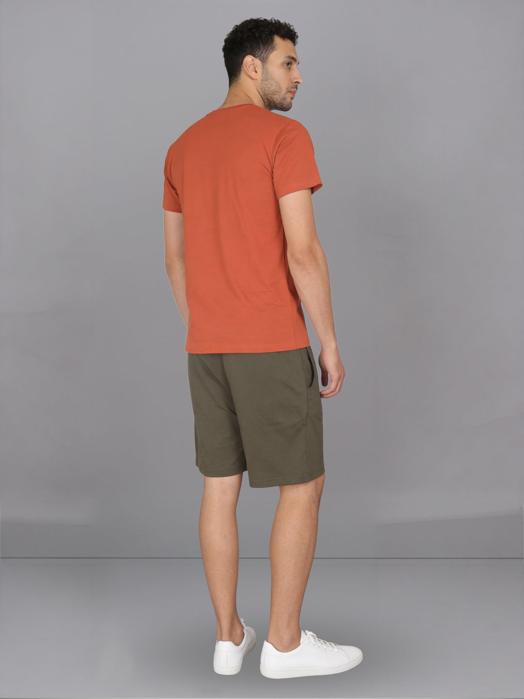Men Orange Crew neck T-Shirt with Olive Green Shorts Combo ES7