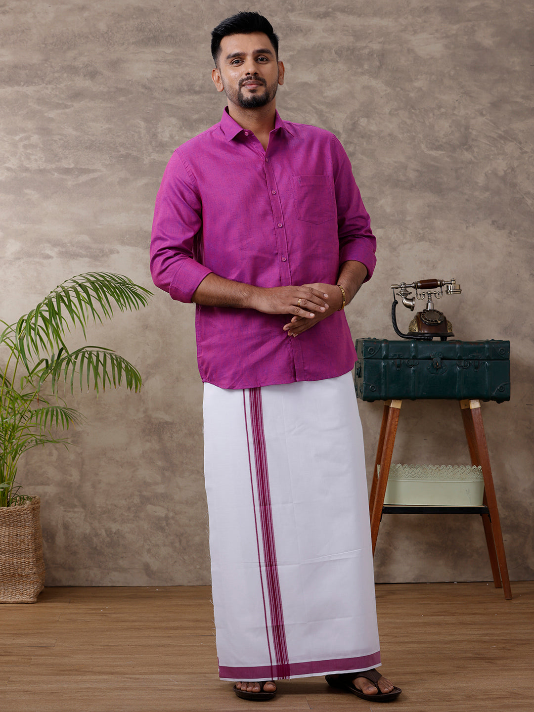 Men Matching Border Dhoti & Shirt Set Magenta C49