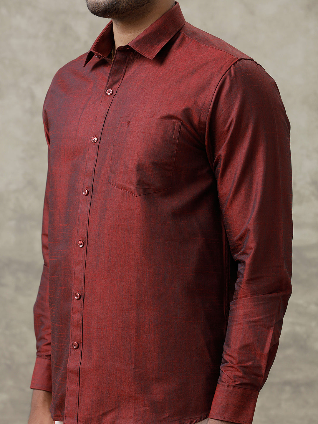 Men Cotton Blend Maroon Shirt and Tissue Dhoti Set VB7