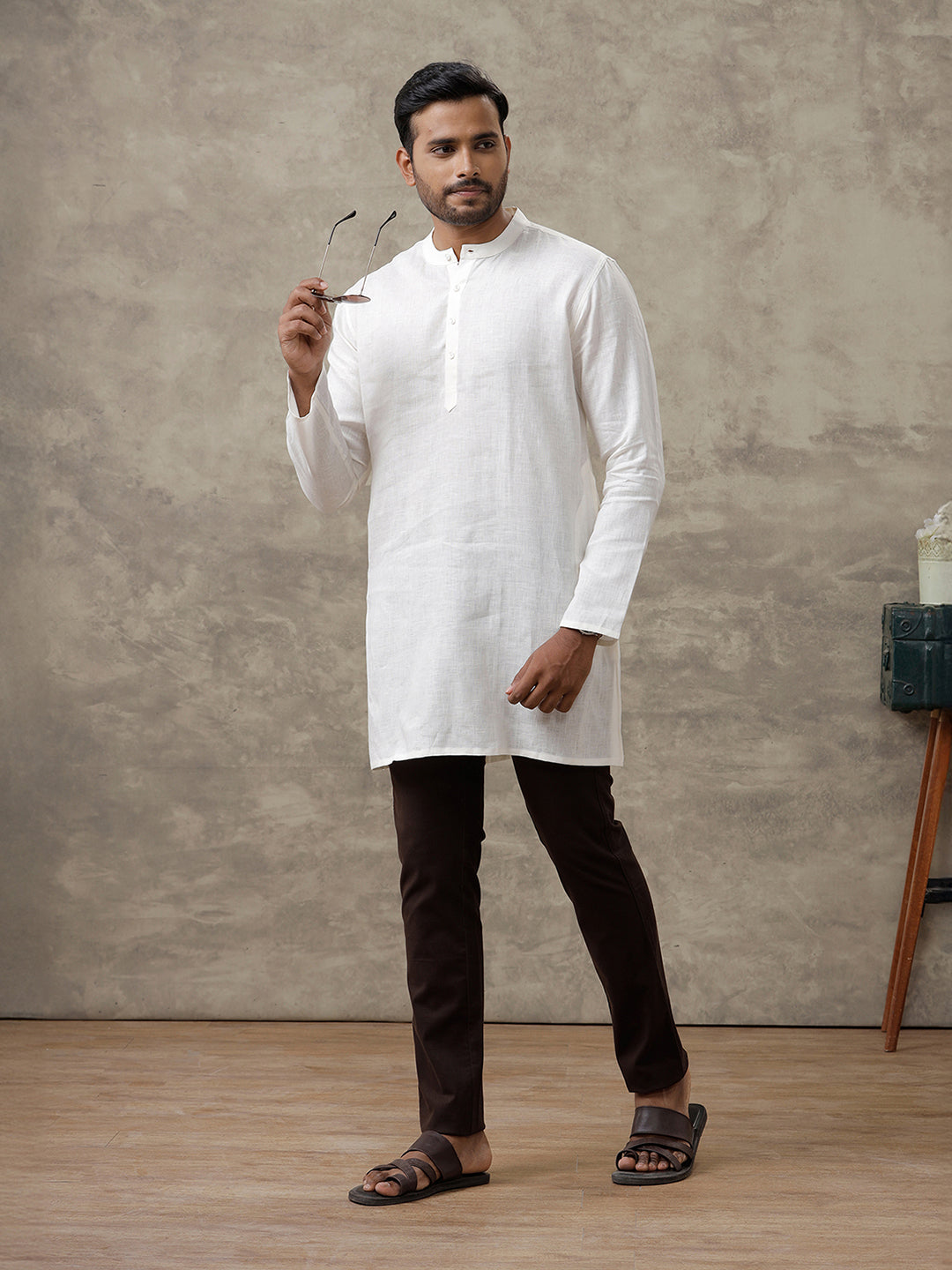 Men Linen Medium Length Kurta Cream KAL21