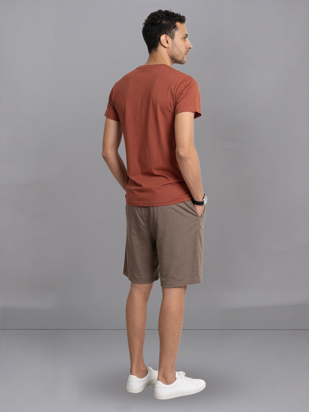 Men Orange Crew neck T-Shirt with Taupe Shorts Combo ES9