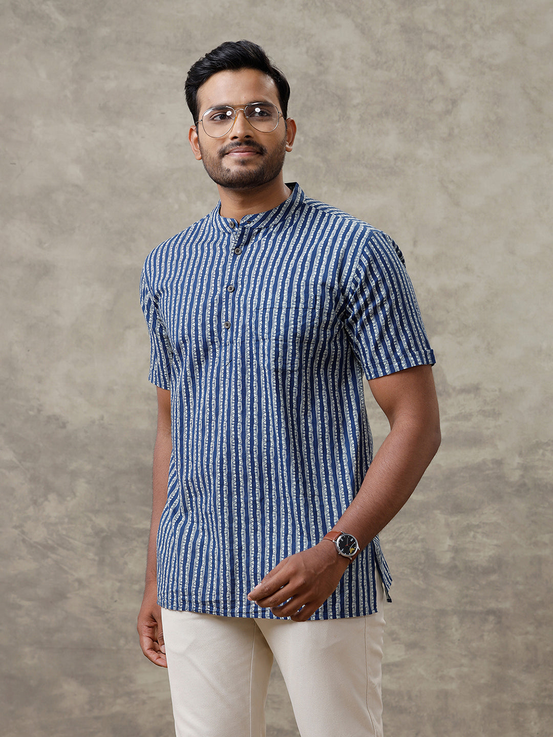 Men Cotton Short Length Striped Pocket Kurta Blue OE6