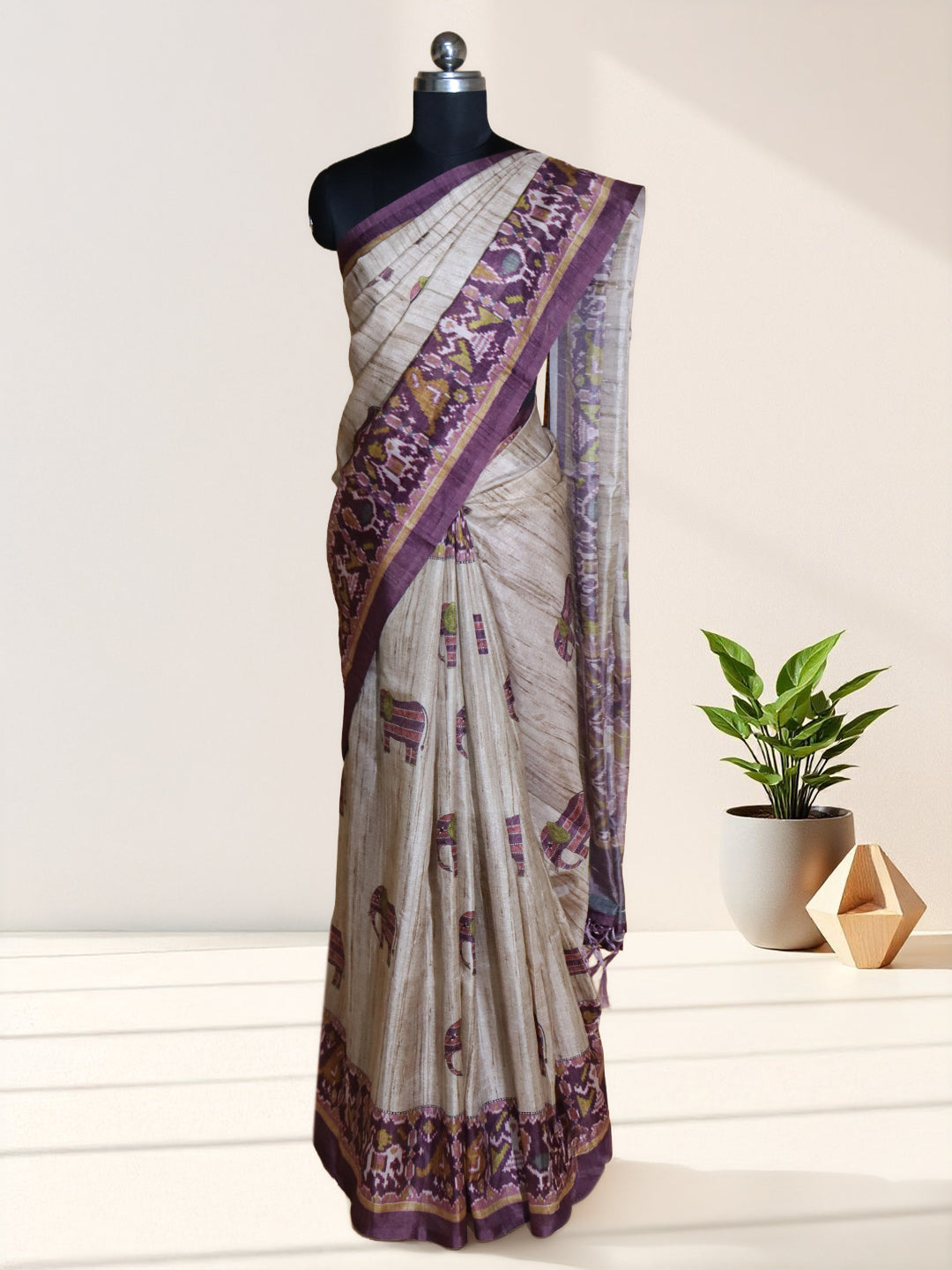 Women Brown with Purple Semi Tussar Printed Saree ST308