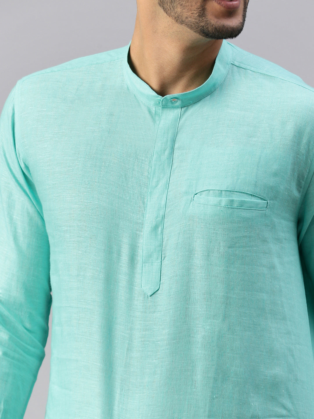 Men Linen Short Length Plain Pocket Kurta Blue M16