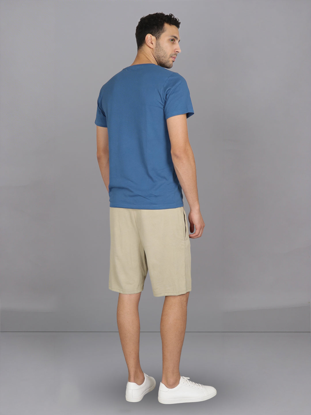 Men Petrol Blue Crew neck T-Shirt with Beige Shorts Combo ES6