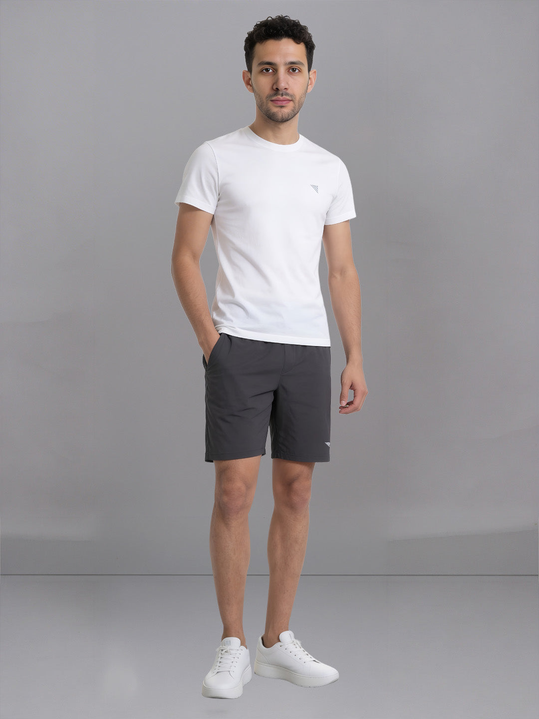 Men White Crew neck T-Shirt with Grey Shorts Combo ES5