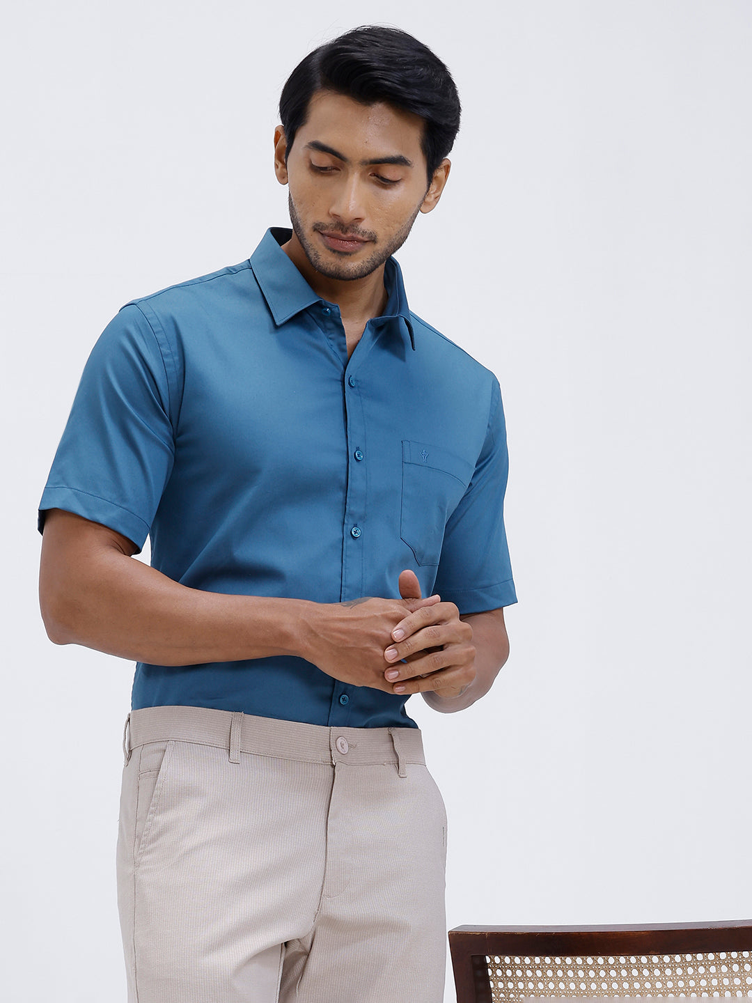 Men Cotton Blend Shirt Peacock Blue T53 ACT3