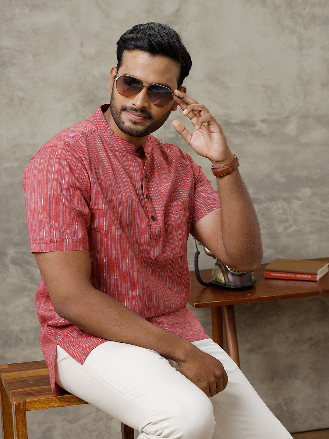 Men Cotton Short Length Striped Pocket Kurta Reddish Pink RH08