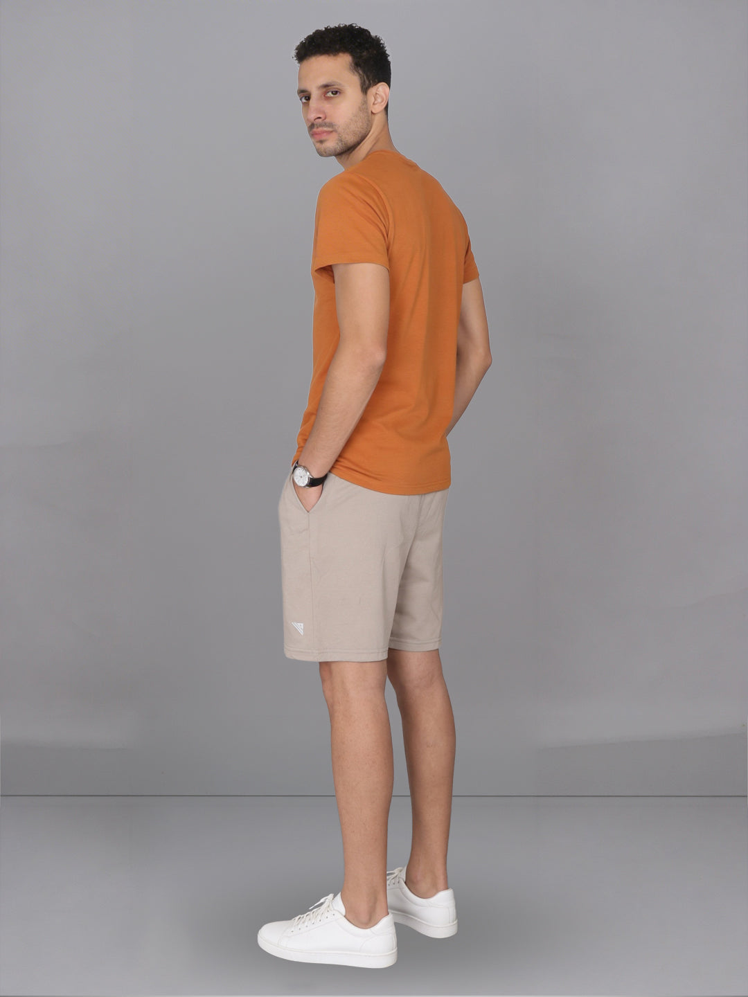 Men Mustard Crew neck T-Shirt with Beige Shorts Combo ES6