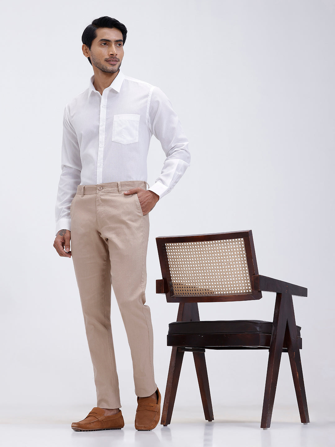 Mens Cotton Shirt and Linen Cotton Light Brown Trouser Combo TR15504