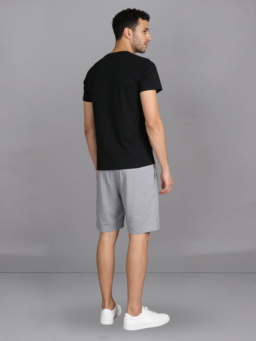 Men Black Crew neck T-Shirt with Grey Shorts Combo ES3