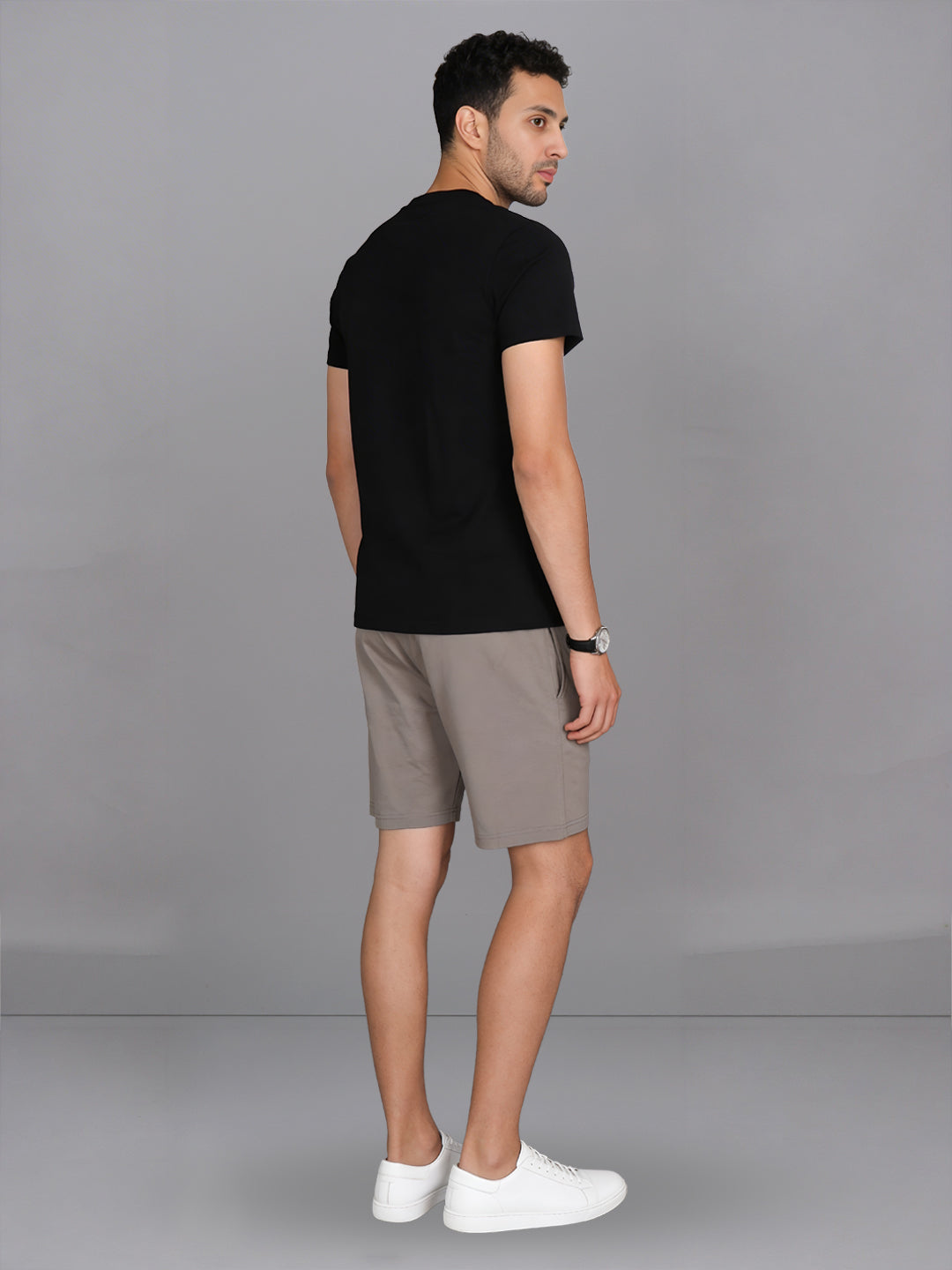 Men Black Crew neck T-Shirt with Taupe Shorts Combo ES9