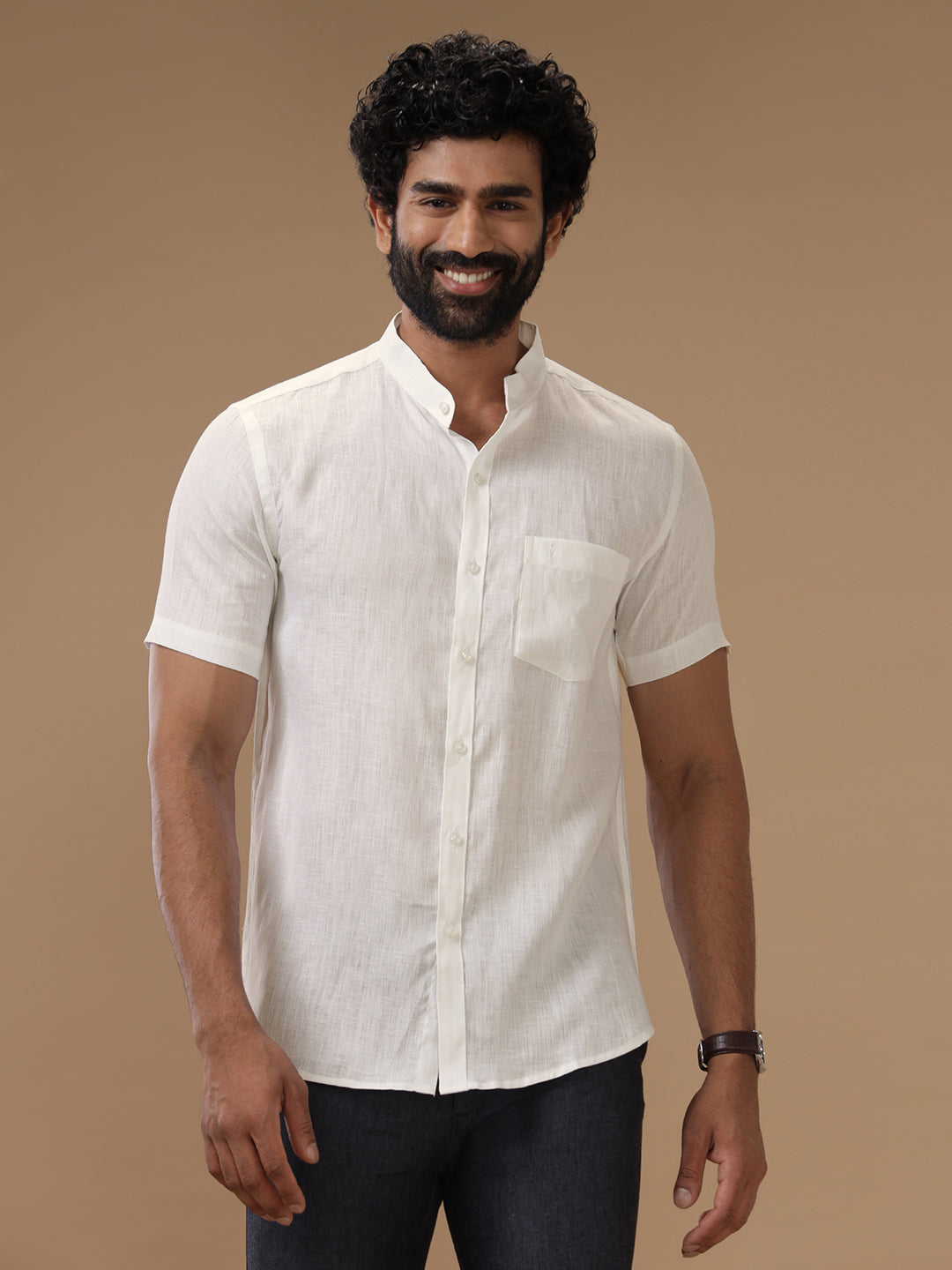Men Pure Linen Chinese Collar Cream Shirt 5605C