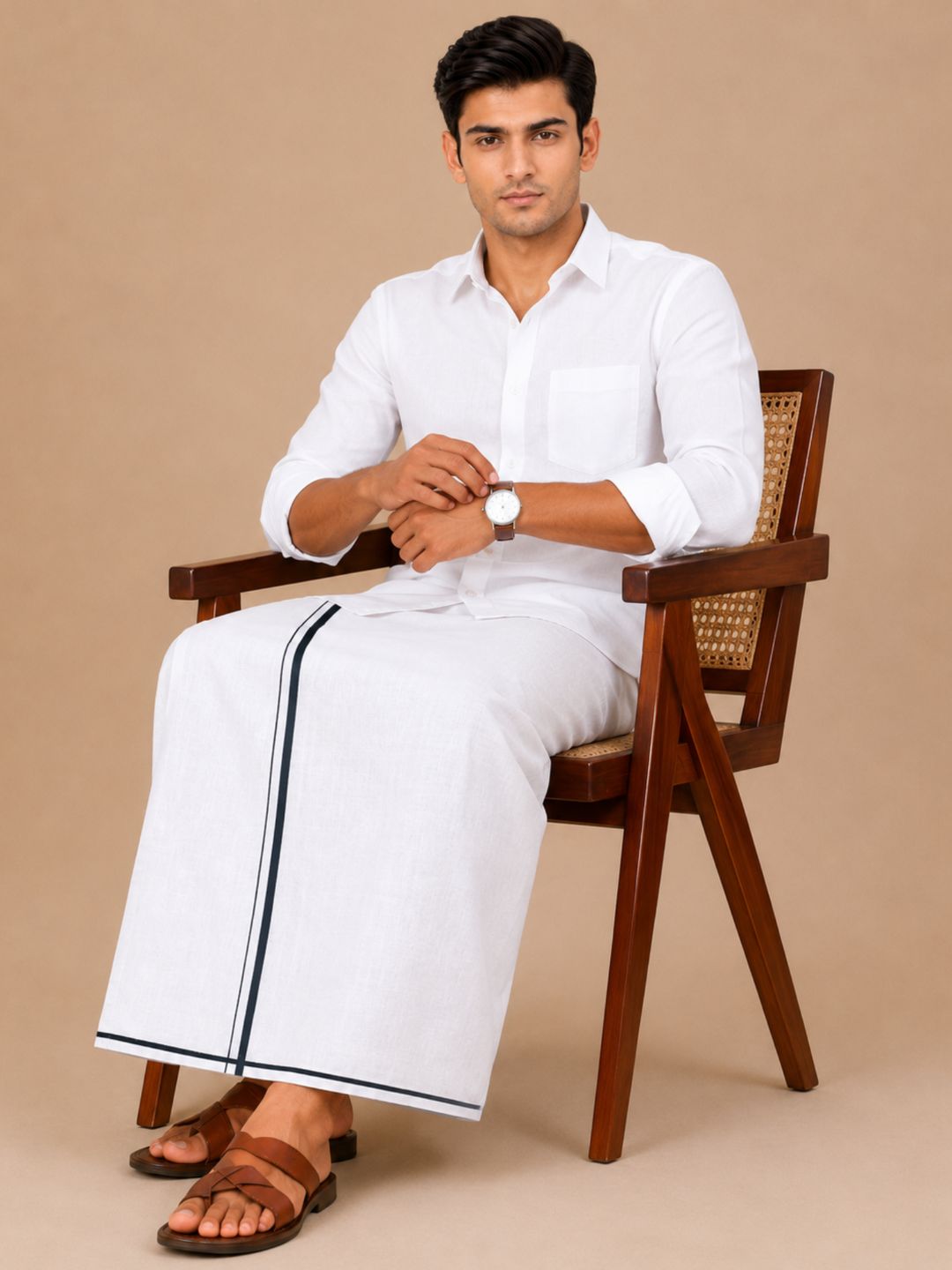 Men Cotton Linen Single Layer White Dhoti with Small Border Lee Sort LDS01