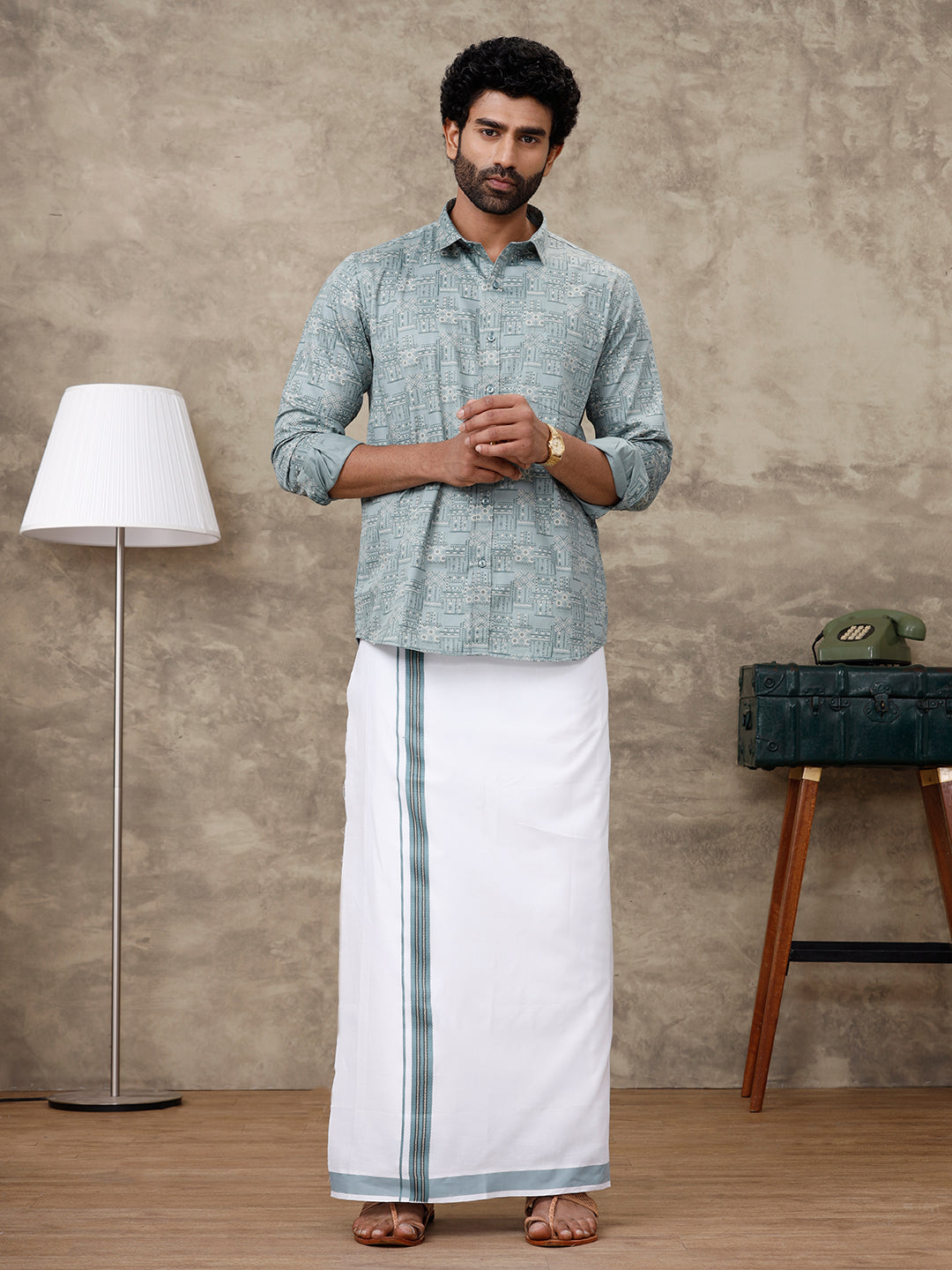 Men Slate Green Matching Border Dhoti with Printed Shirt Set Fusion PS3