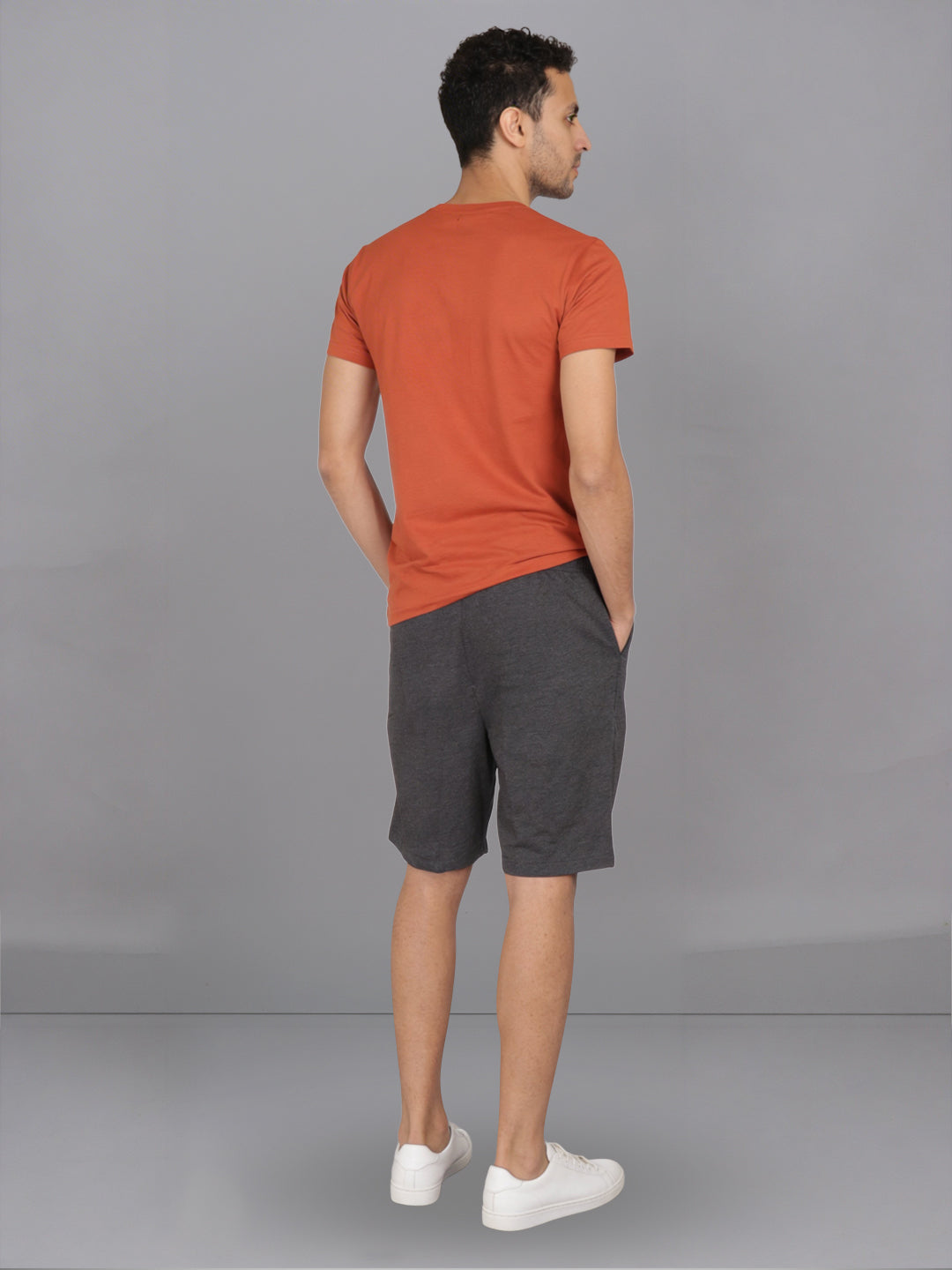Men Orange Crew neck T-Shirt with Charcoal Shorts Combo ES8