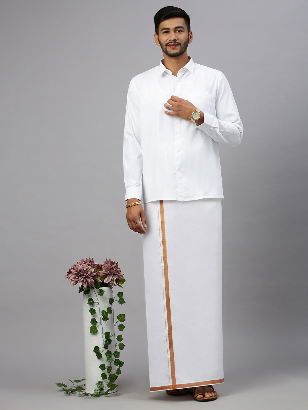 Men Cotton Blend Double Layer White Dhoti with 3/4" Copper Jari Border Mobility