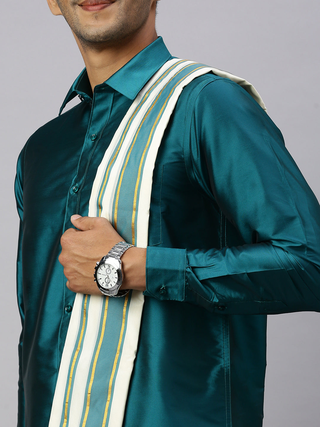 Men Full Sleeves Ramar Green Shirt with Matching Border Cream Dhoti & Towel Set K3