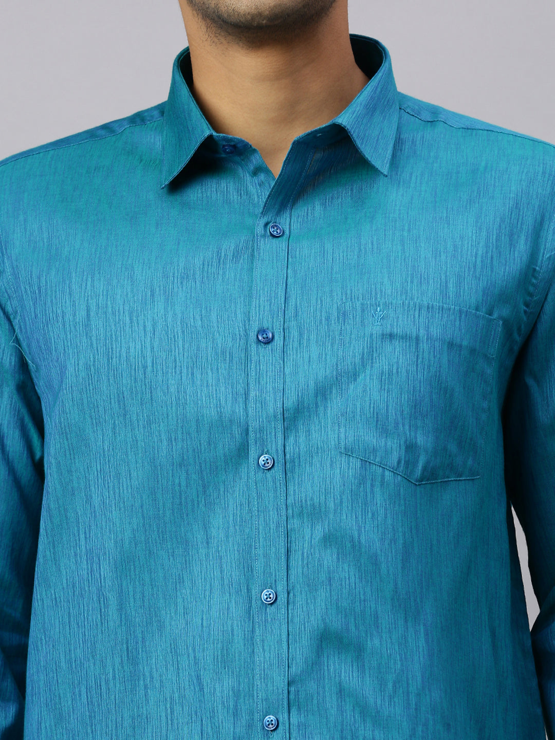 Men Peacock Blue Matching Border Dhoti & Full Sleeves Shirt Set CV6