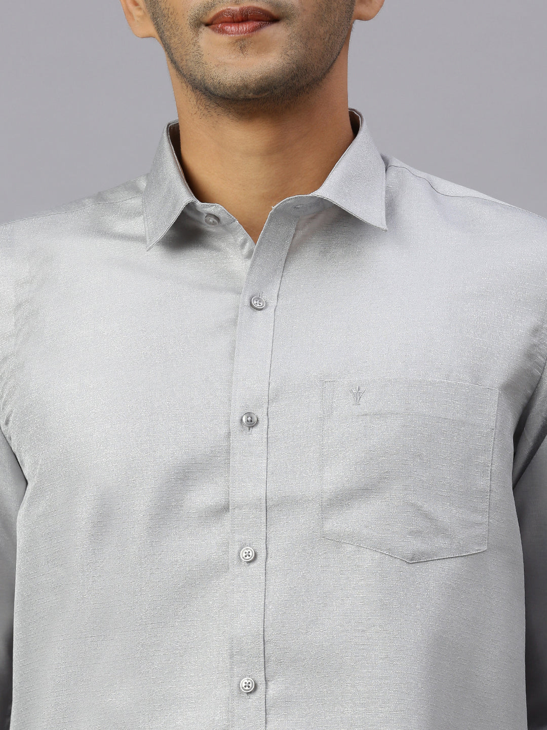 Men Cotton Rich Silver Shirt and Tissue Dhoti Set Glossy