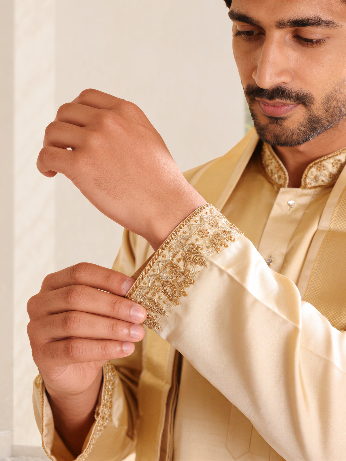 LAGNAA Premium Pure Tussar Silk Hand Embroidered Mango Sleeves Motif Kurta, Panchakacham & Angavastram set | Thanga Vaibhavam